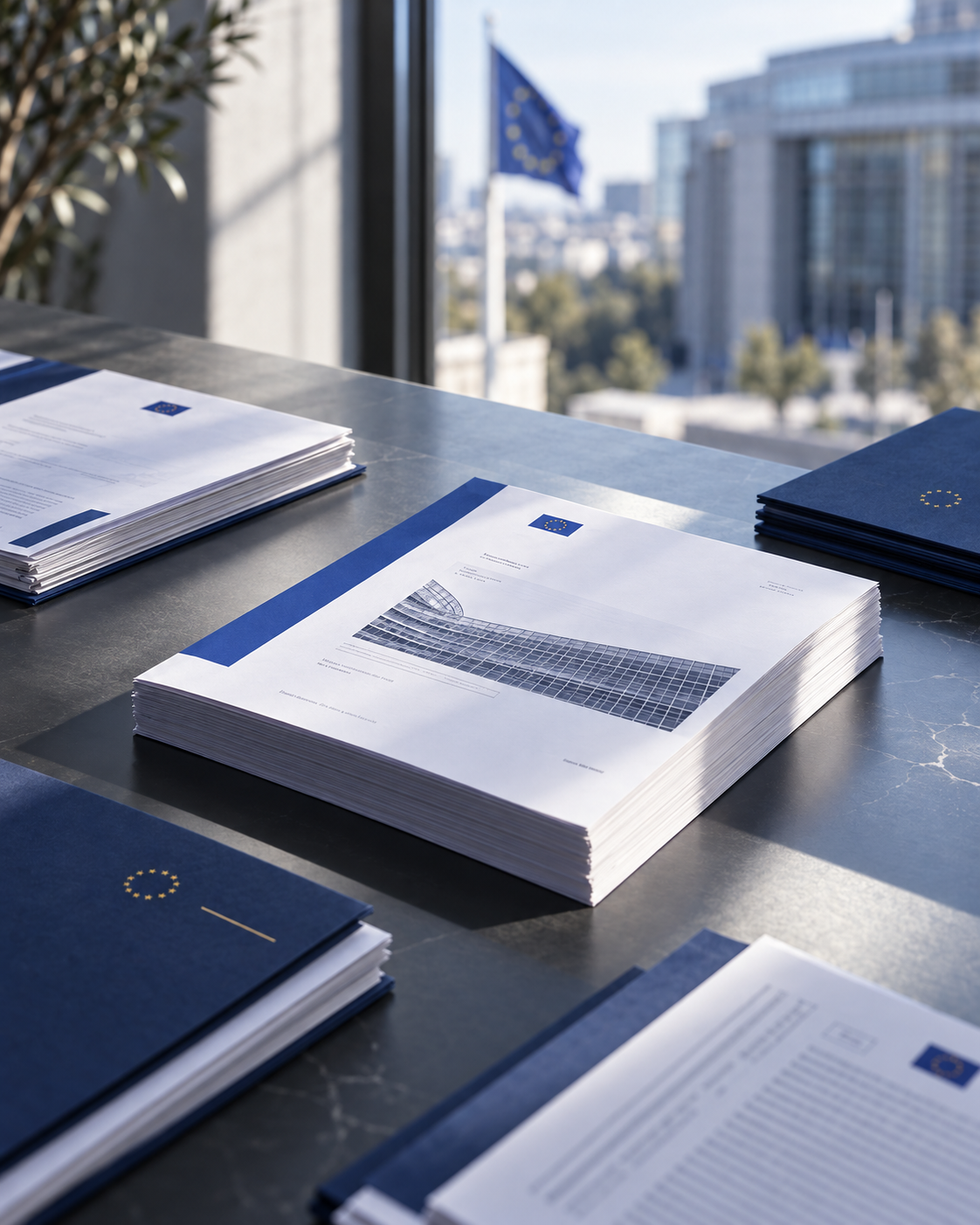 EU policy dossiers on a desk in an institutional office