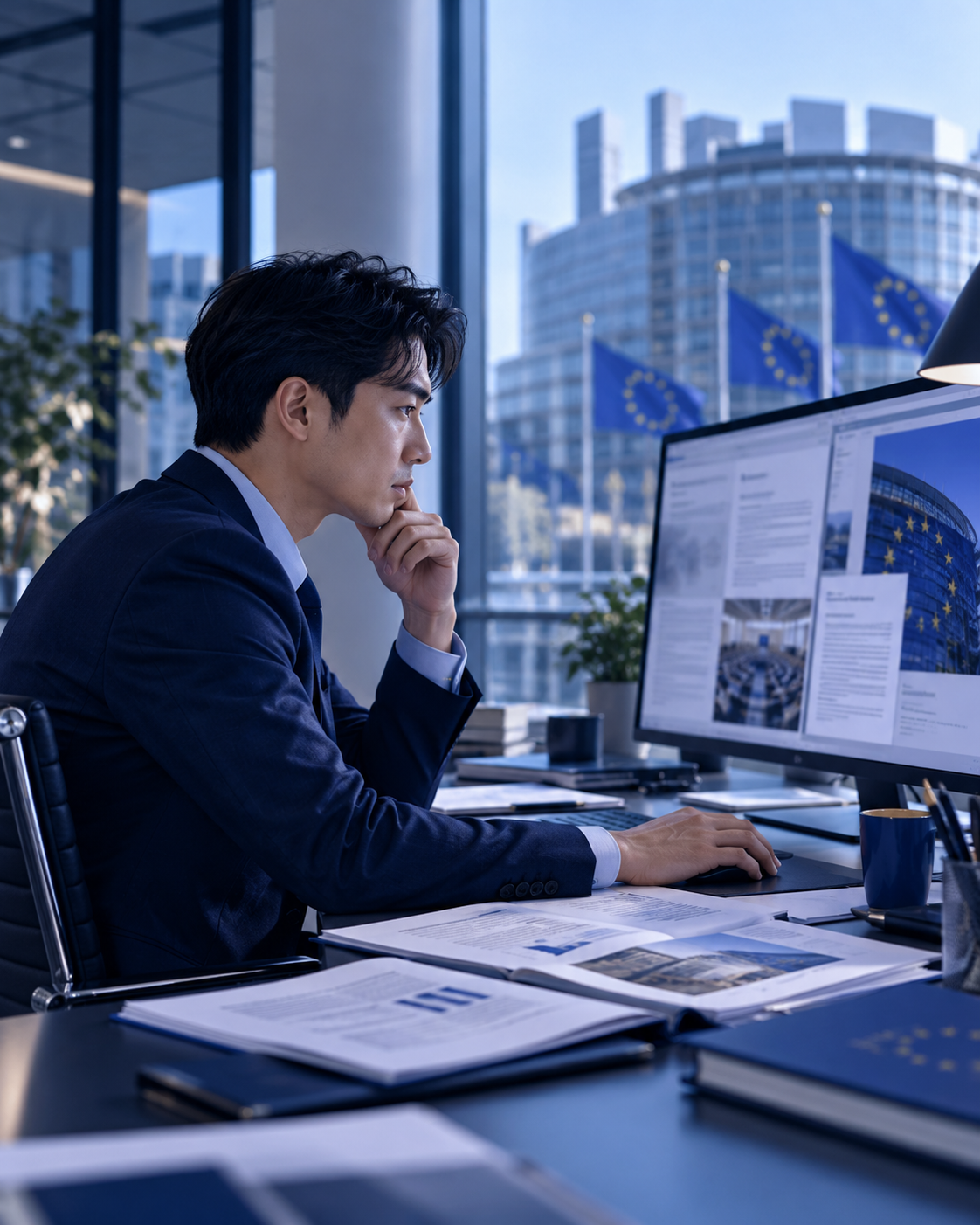 Policy professional reviewing EU information on a computer
