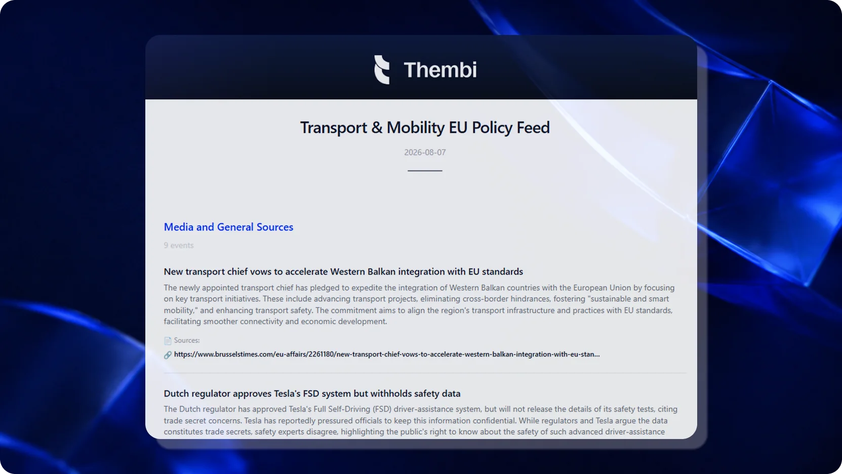 Personalised Thembi daily email report for an EU policy area