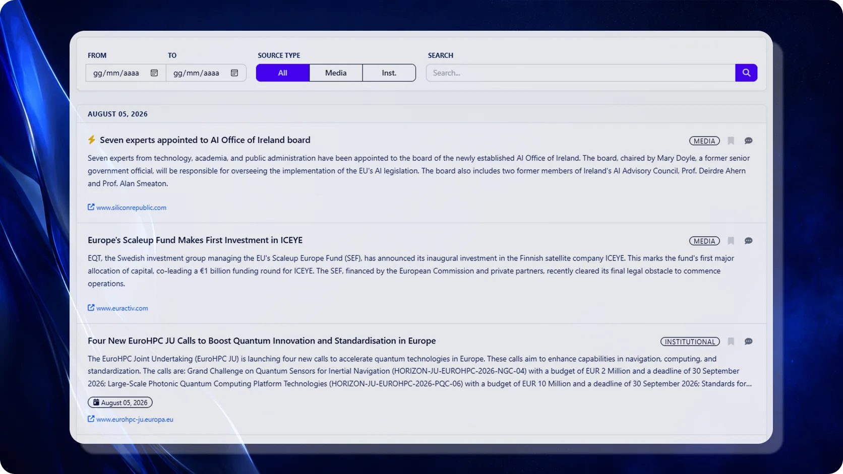 Thembi Fact Feed showing relevant institutional and media news
