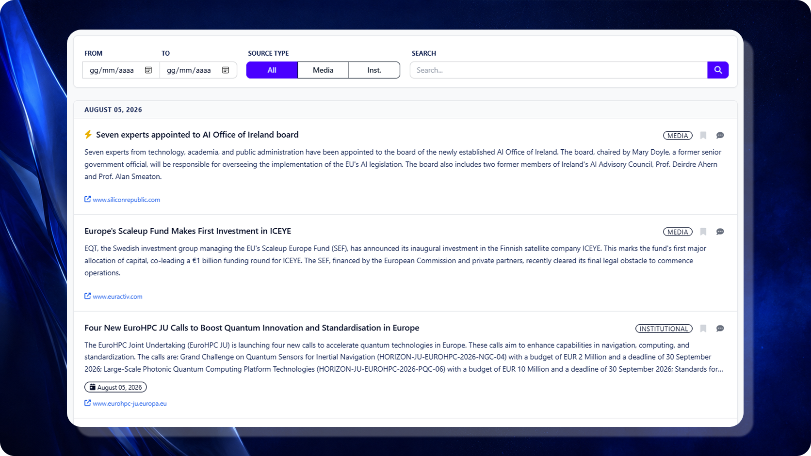 Fact Feed di Thembi con notizie e aggiornamenti istituzionali, collegamenti alle fonti, ricerca e filtri