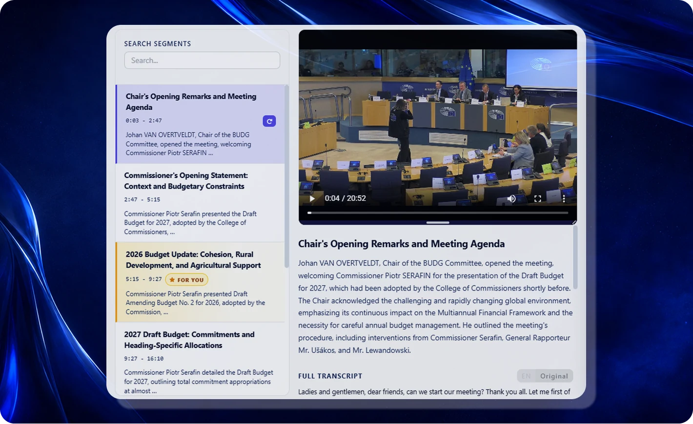 Thembi Stream segment search and transcript view